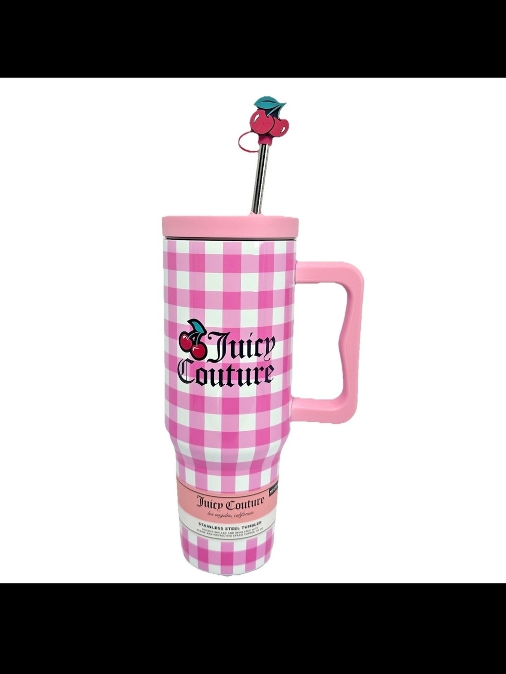 Juicy Couture 40oz Pink Gingham Travel Thumbler with Cherry Straw Charm